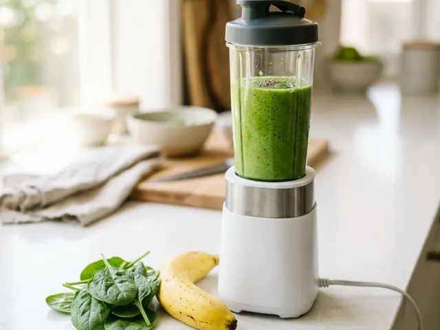A personal blender with a single-serve bottle of green smoothie beside spinach leaves and a banana